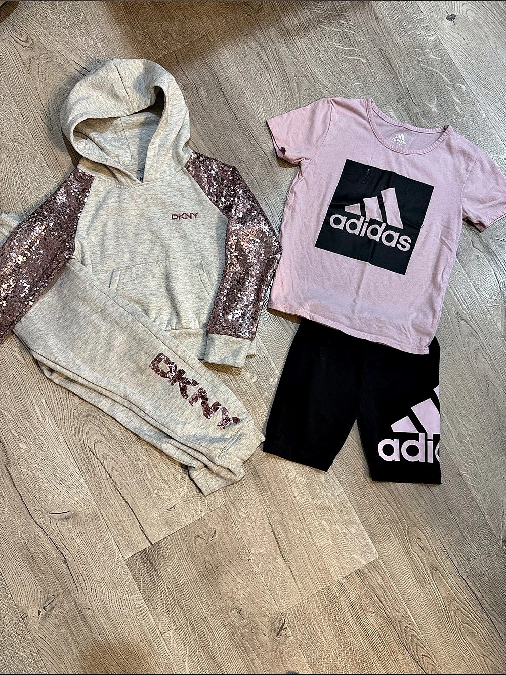 DKNY Girls Sequin Sleeve Hoodie and Jogger Set Pink & Black Girls Size 5
